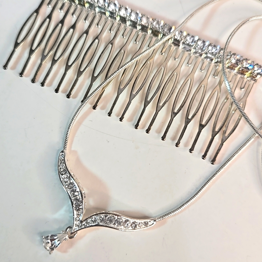 Set Crystal & Silver-tone Geometric Y Necklace with Hair Comb Minimalist Design